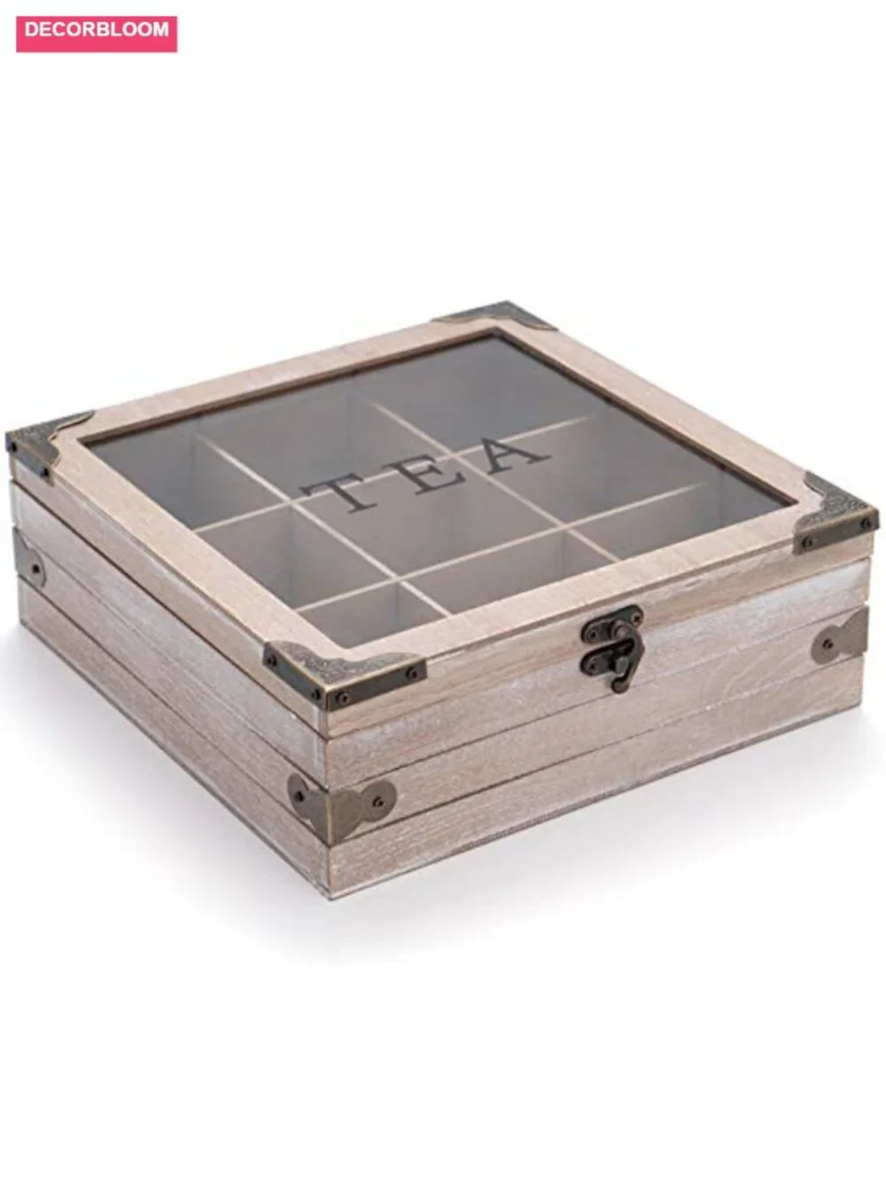 Wooden Tea Box Organizer with Lid, 9 Compartments for Tea Bags Coffee Pods